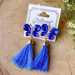 Princess Royal Blue Crystal Butterfly Gold Earring Tassel Statement Rhinestone
